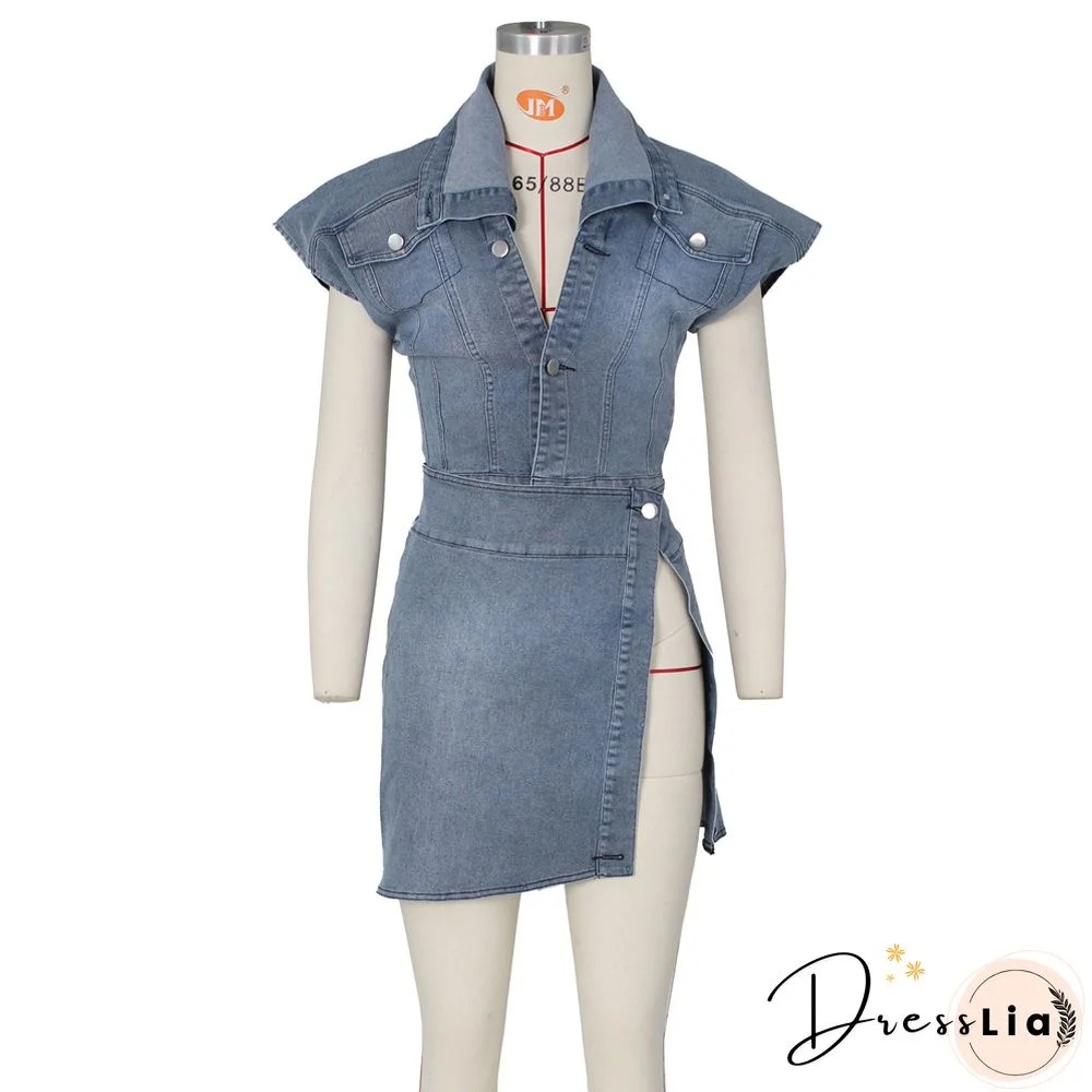 Sleeveless Short Top with Split Skirt Denim Suit