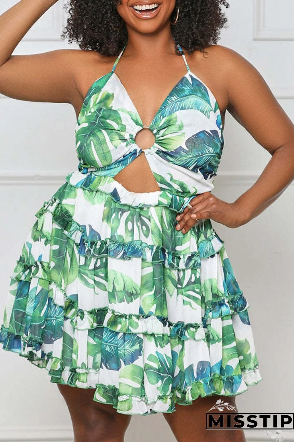 Green Sexy Print Bandage Hollowed Out Backless Halter Sling Dress