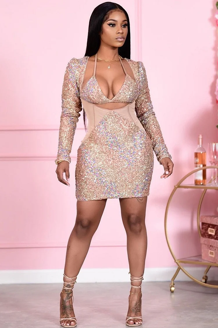 Sequin Mesh Patchwork Long Sleeve Halter Cut Out Bodycon Birthday Party Mini Dress