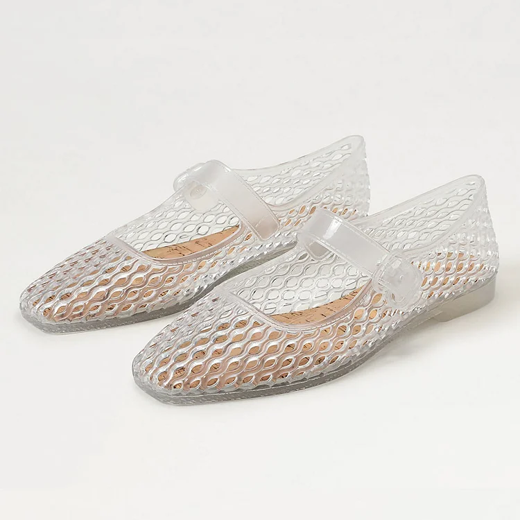 Ivory PVC Square Toe Buckle Strap Cut Out Flat Shoes for Women US 3 / EU 33-White