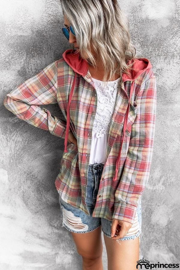 Drawstring Plaid Hooded Shirt Coat