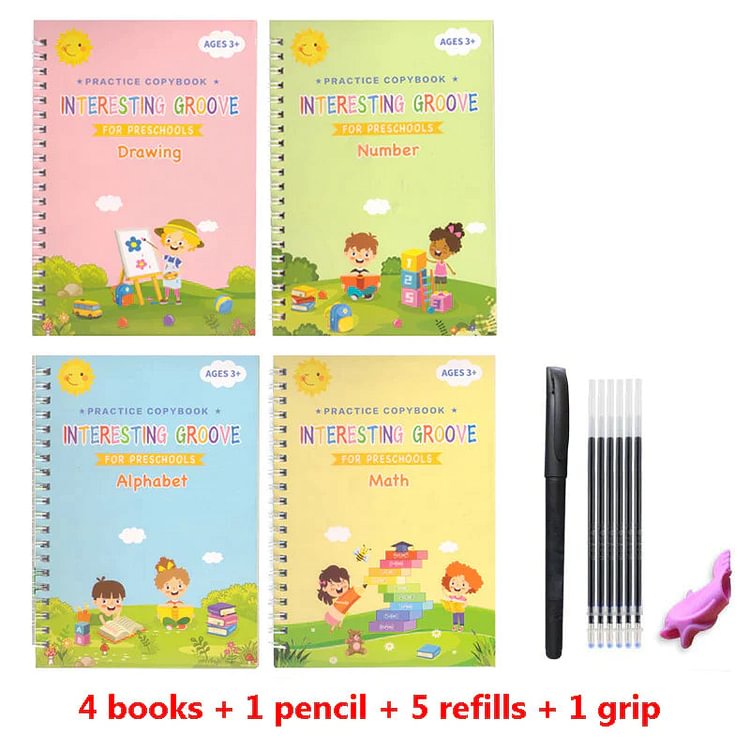 Children's Magic Copybooks Set（4 Books + 1 Pencil + 5 Refills + 1 Grip）