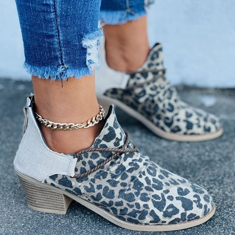 Simple Leopard Print Stitching Zipper Ankle Boots