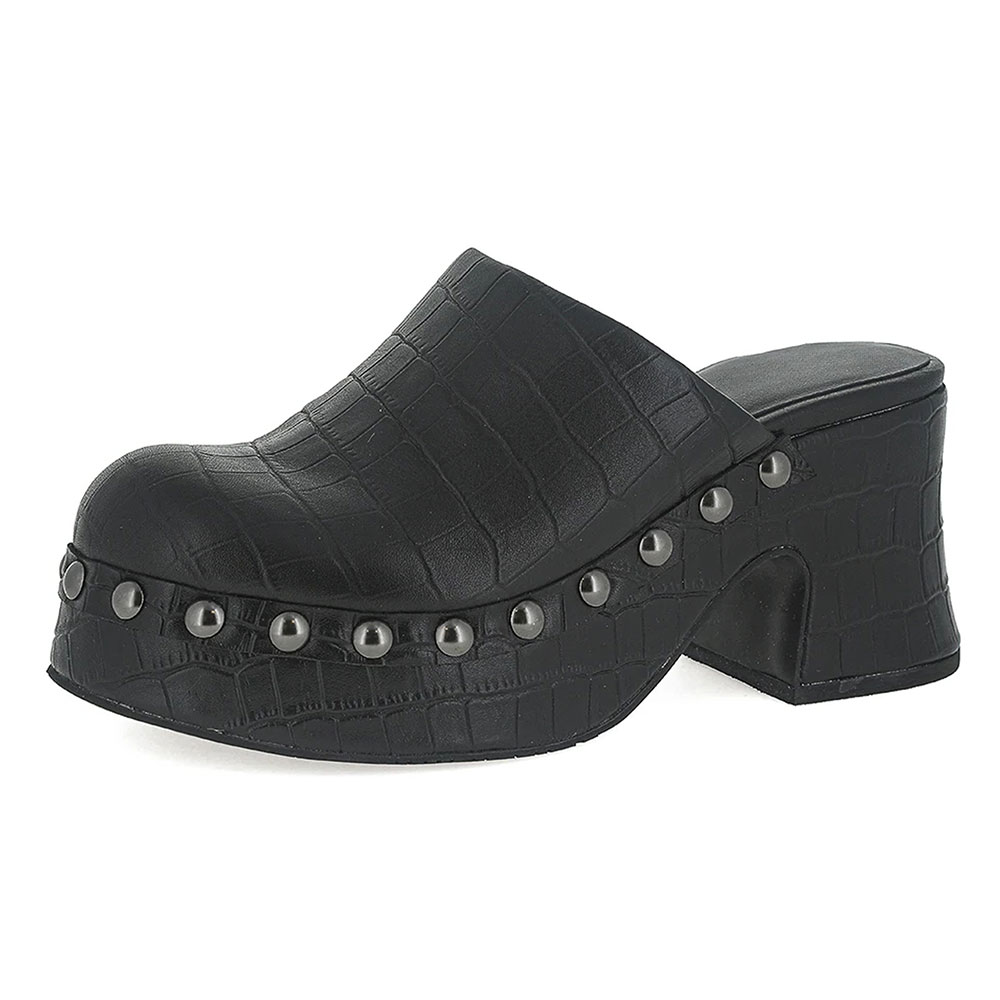 Black Crocodile Embossed Studs Block Heel Platform Mules Shoes Nicepairs