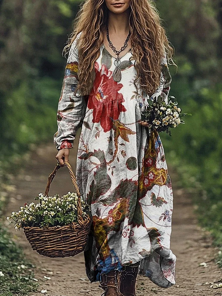 Women's Vintage Flower Print Pocket Cotton Dress