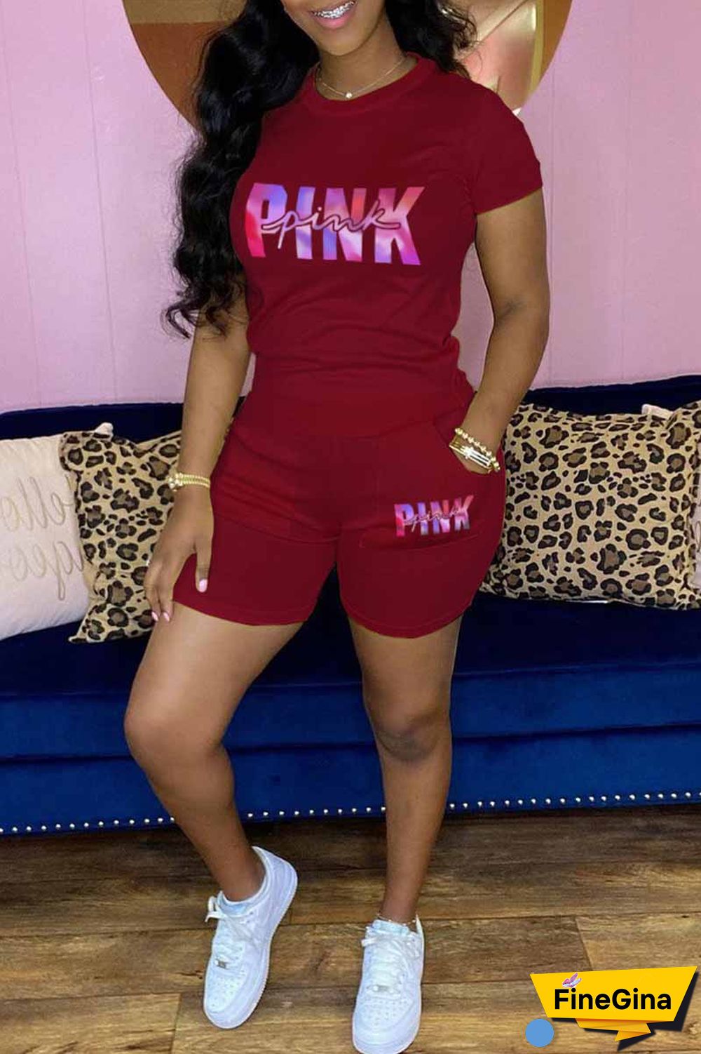 Burgundy Casual Print Letter O Neck Short Sleeve Two Pieces