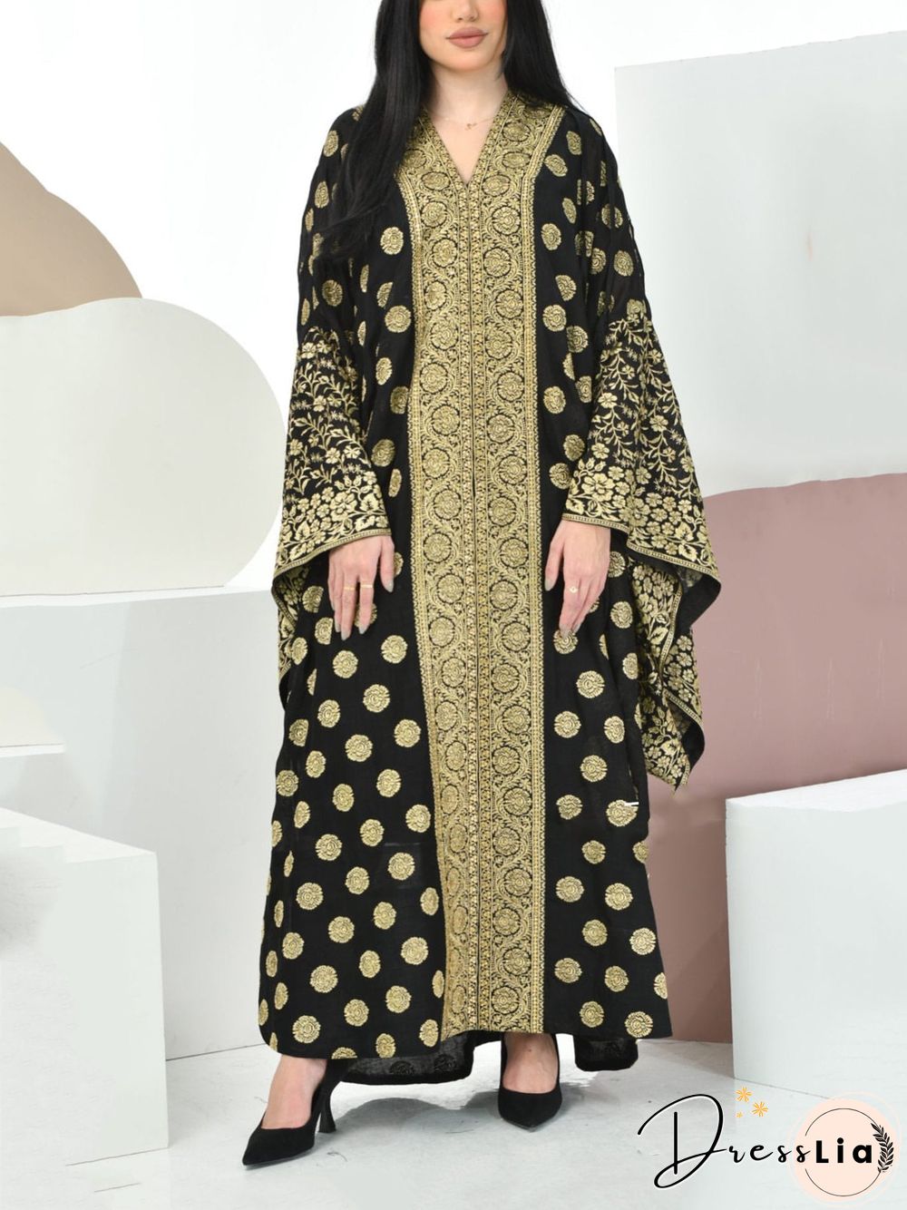Loose Golden Pattern Black Linene Kaftan