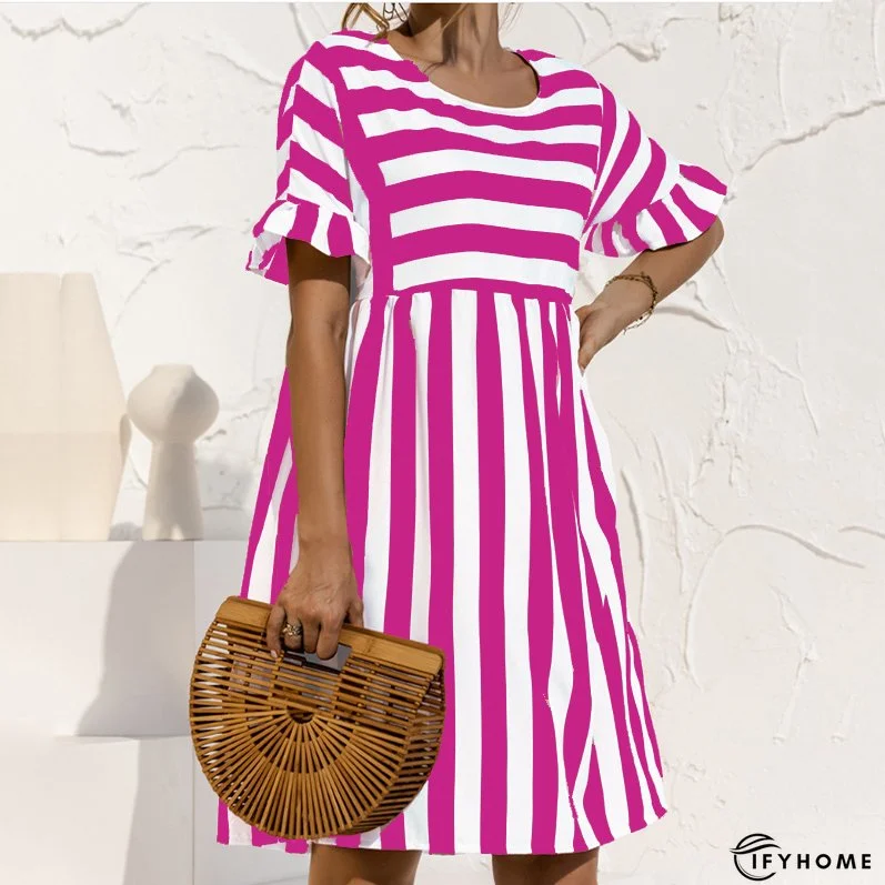 Women's Striped Print Party Ruffle Sleeves High Waist Elegant Casual Beach Dress | IFYHOME