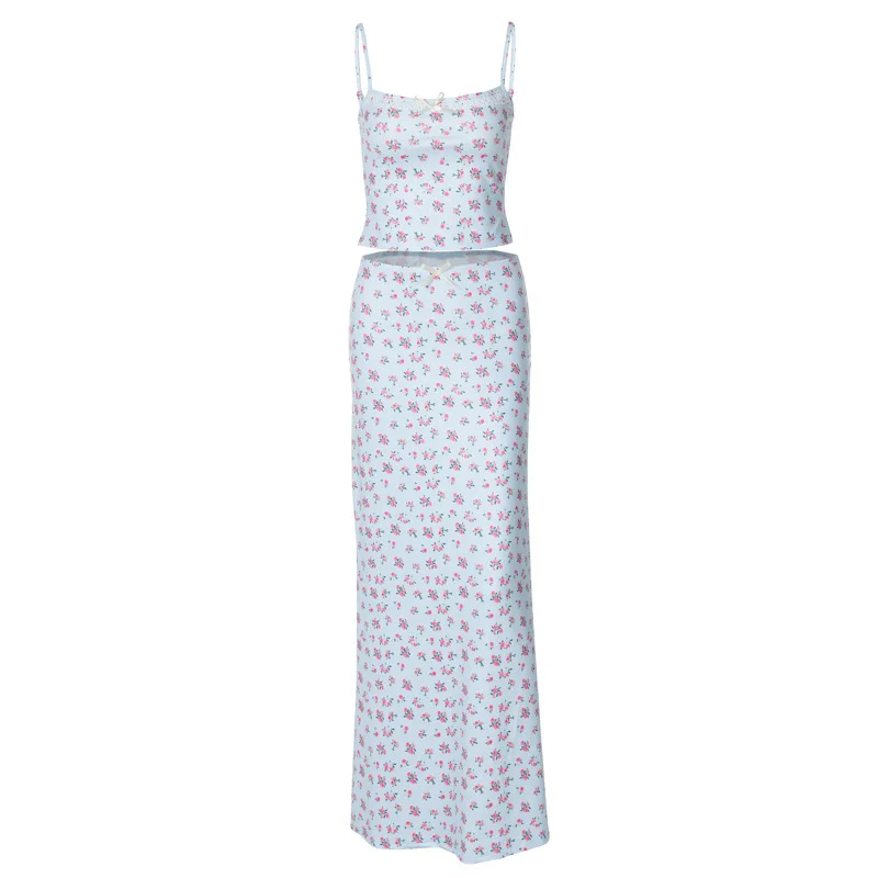 Uveng 2024Ins Fashion Small Fresh Flower Print Sling Small Vest Top Dress Set