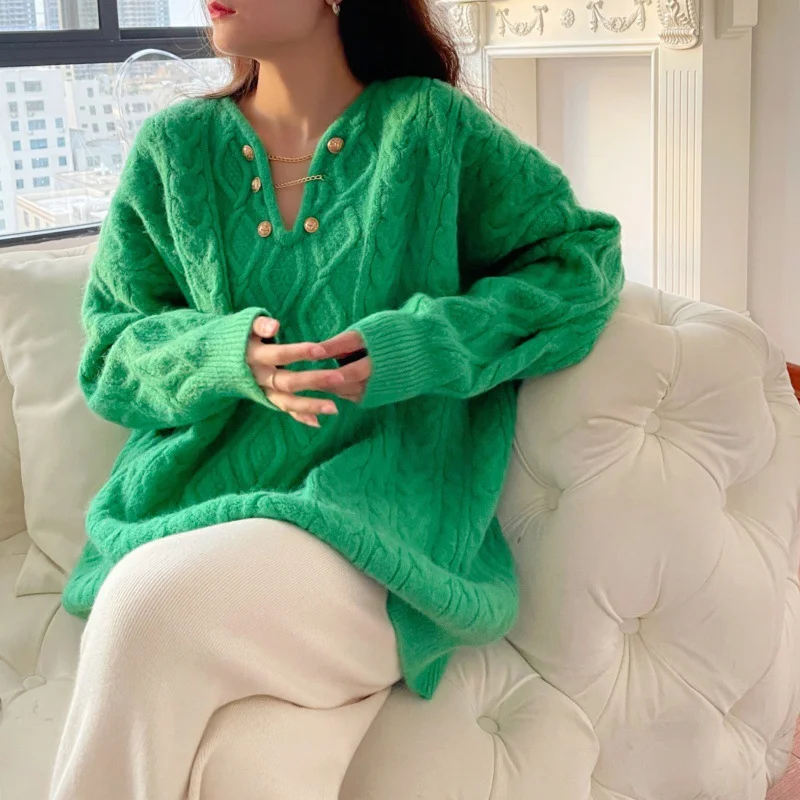 Churchf Churchf V-Neck Twist Sweater Female 2024 Autumn And Winter New Temperament Gentle Head Knit Jacket Loose Coat