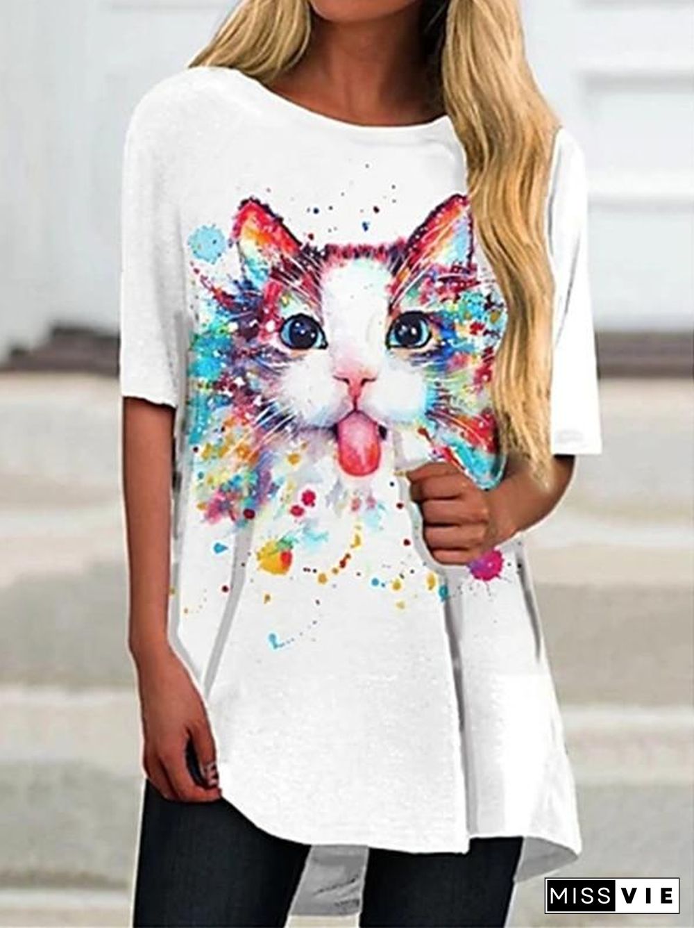 Women Short Sleeve Scoop Neck Animal Print Top