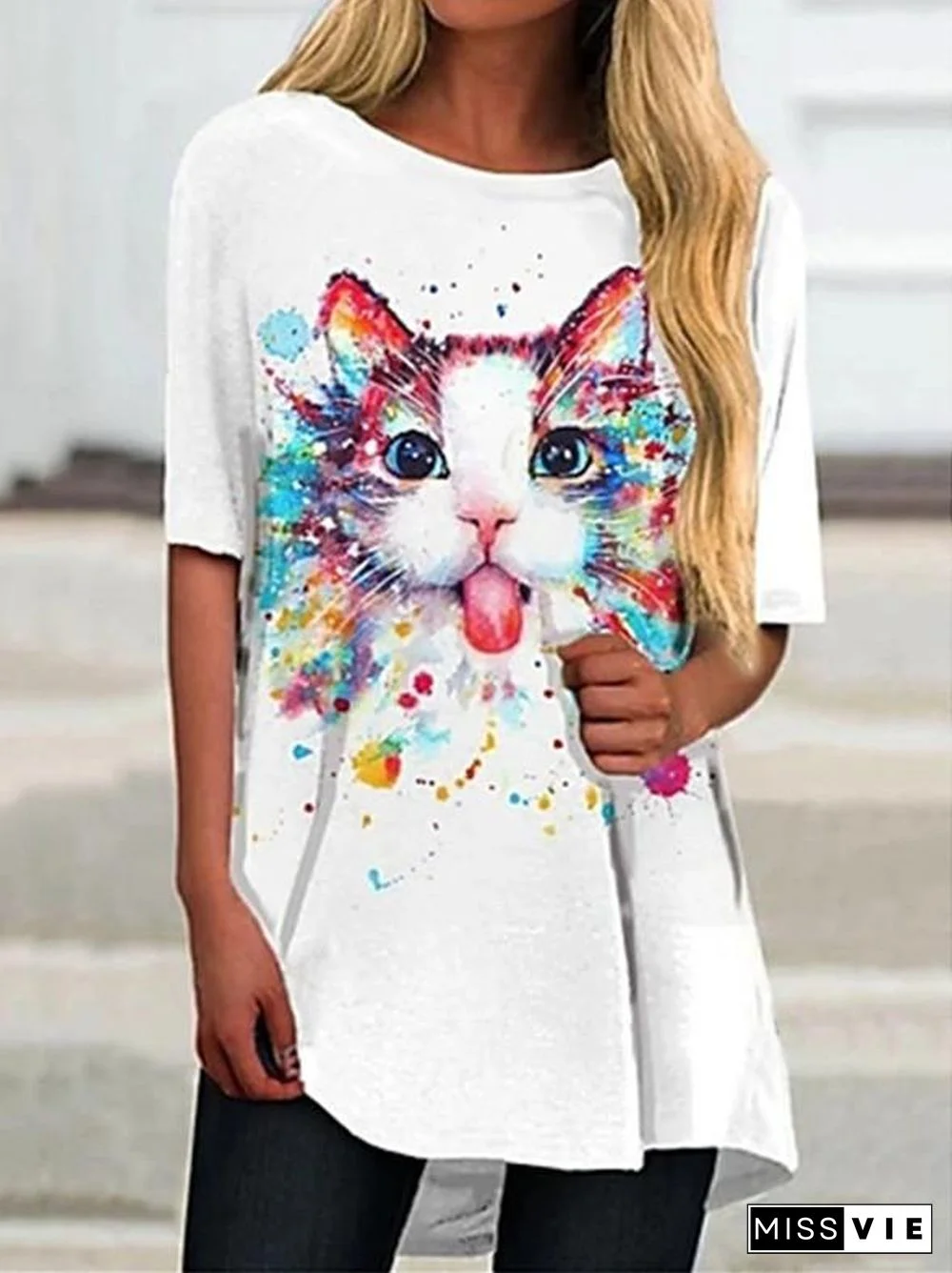 Women Short Sleeve Scoop Neck Animal Print Top