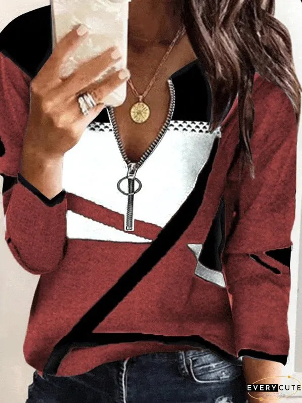 V-Neck Long Sleeve T-Shirt with Color Blocking