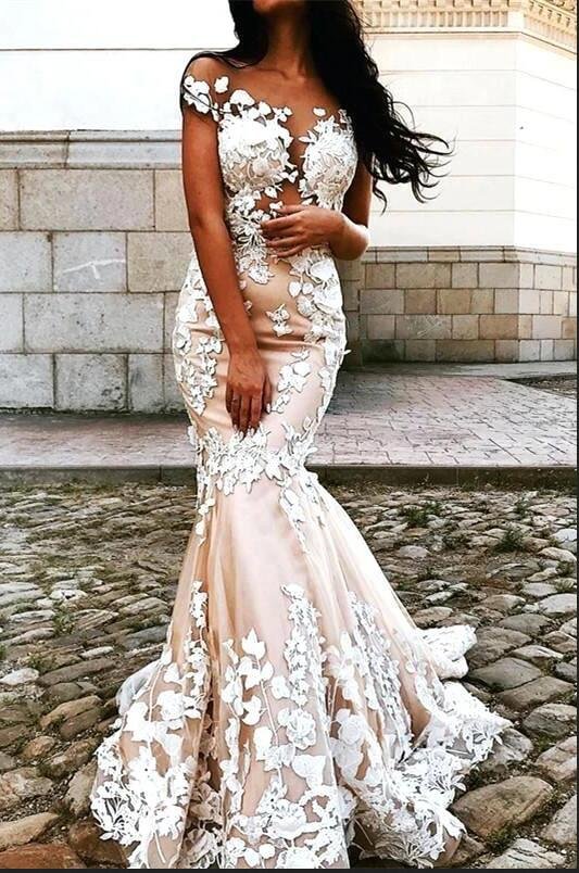 Gorgeous Backless Off-the-Shoulder Floor-length Mermaid Wedding Dress With Appliques Lace | Ballbellas Ballbellas