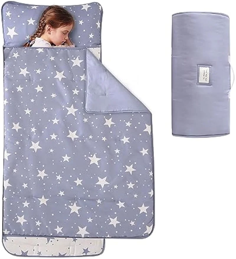 Star Nap Mat for Kids, Toddler Nap Mat for Boys and Girls, Napping During Daycare or Preschool, Kids Rolled Nap Mats with Removable Pillow and Fleece Blanket, Soft Microfiber