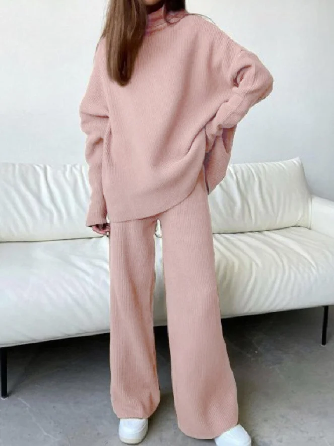 Women's High Neck Long Sleeve Loose Sweater Plain Pants Matching Set