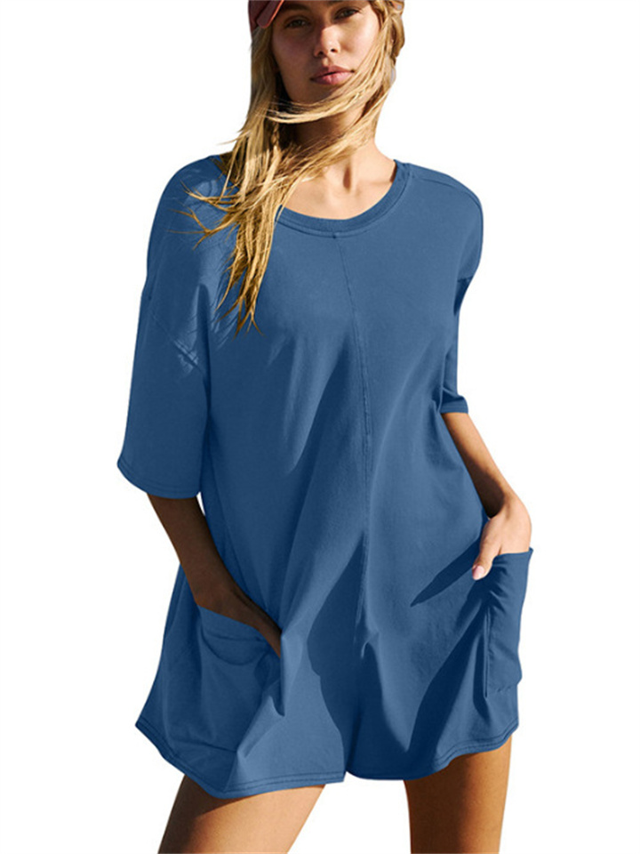 Summer New Women's Short-sleeved Backless V-neck Loose Casual Solid Color Dress Pants