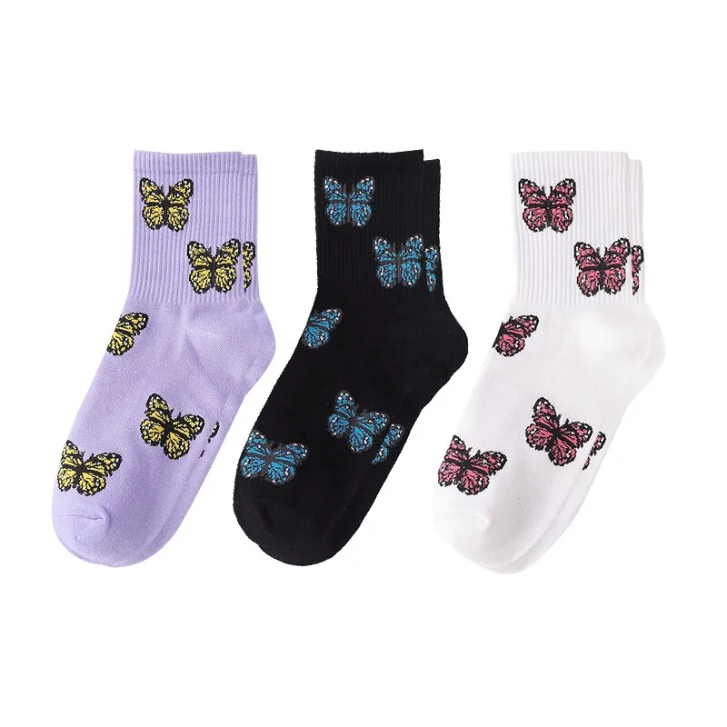3Pair Fashion Butterfly Cotton Women Street Socks Harajuku Skateboard Tube Socks Korea Hip Hop Autumn Thick Indoor Floor Sock