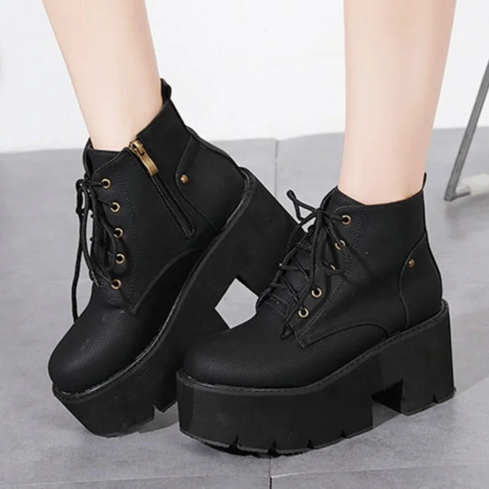 Vstacam 2022 New Spring Platform Boots Woman Chunky Heel Punk Gothic Boots Lace Black Brown Ankle Boots Women Comfortable Leather