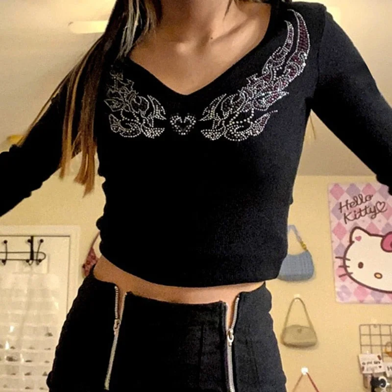 Rapcopter Diamonds Crop Top Black Long Sleeve Knitted T Shirt V Neck Basic Harajuku Pullovers Women Autumn Winter Tee Korean 90s