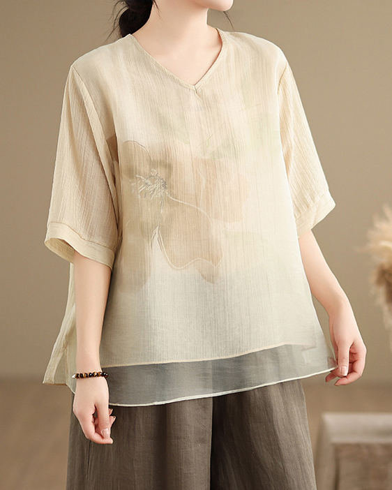 Semi Sheer Floral Print V Neck Short Sleeve Top