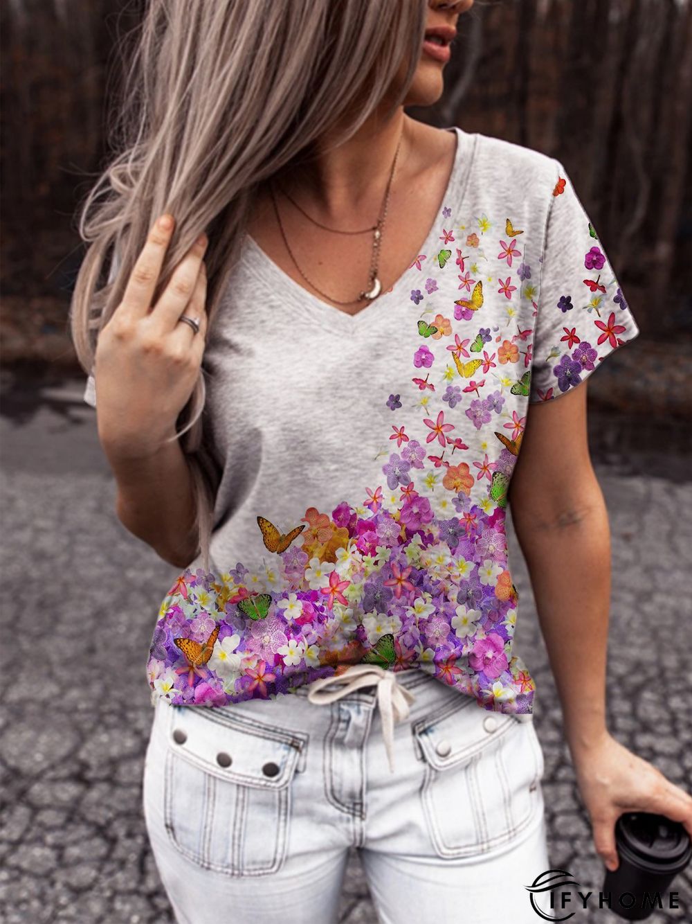 Cotton-Blend Floral Casual Short Sleeve T-shirt | IFYHOME