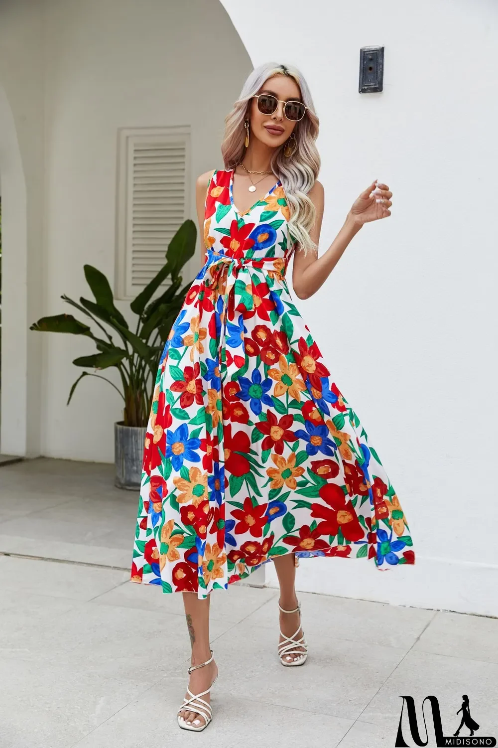MidiSono - Summer Holidays V-Neck Waistband Big Flower Beach Dress
