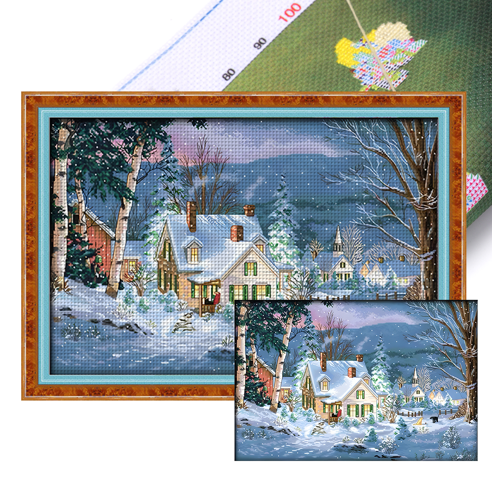 Christmas Snow Scene Full 11CT Pre-stamped Canvas(70*50cm) Silk Cross Stitch