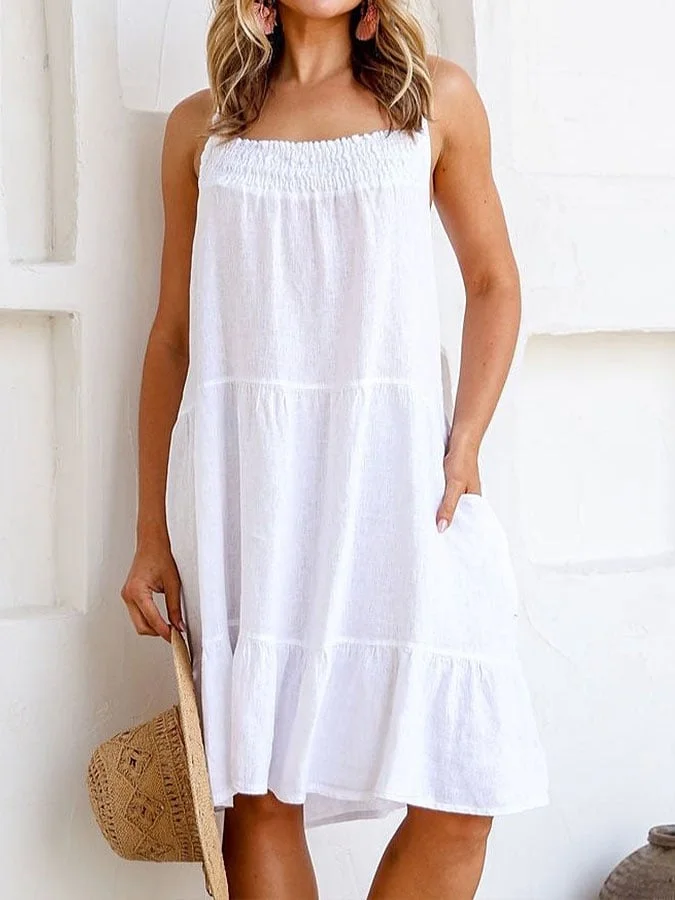 Women's cotton and linen casual suspender dress
