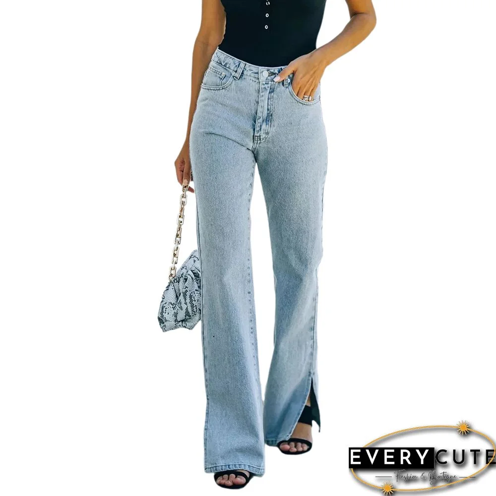 Light Blue Washed Split Mid Rise Denim Pants