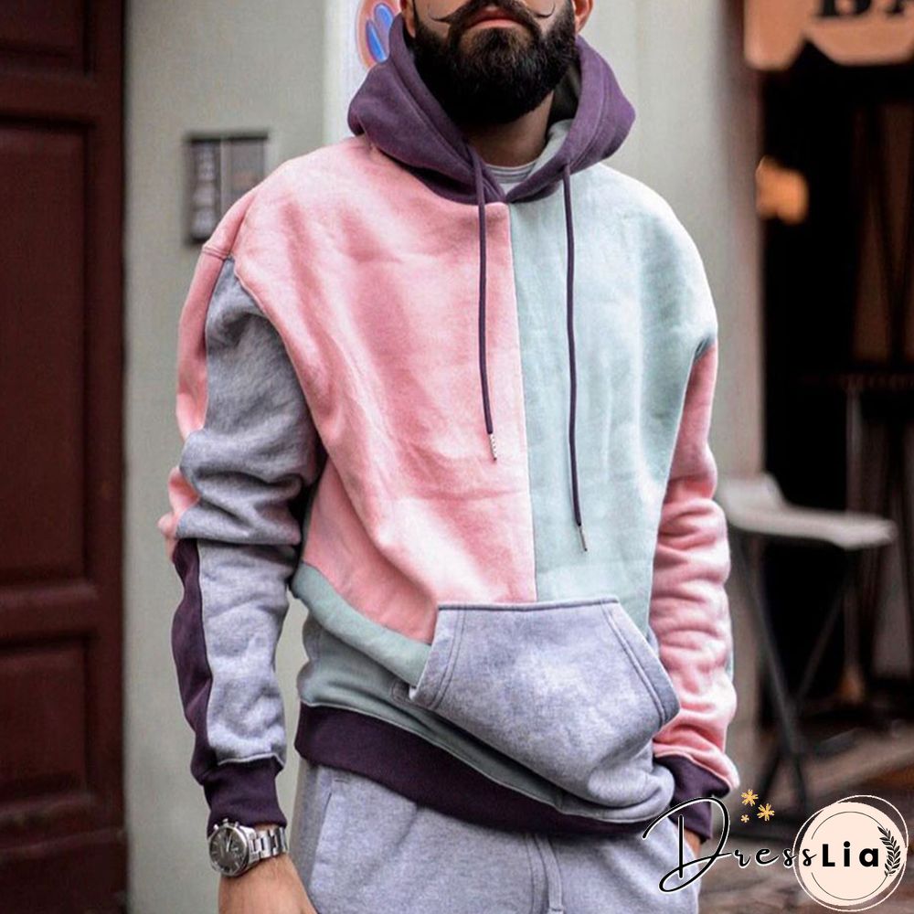 Mens Fashion Casual Color Contrast Stitching Hoodie