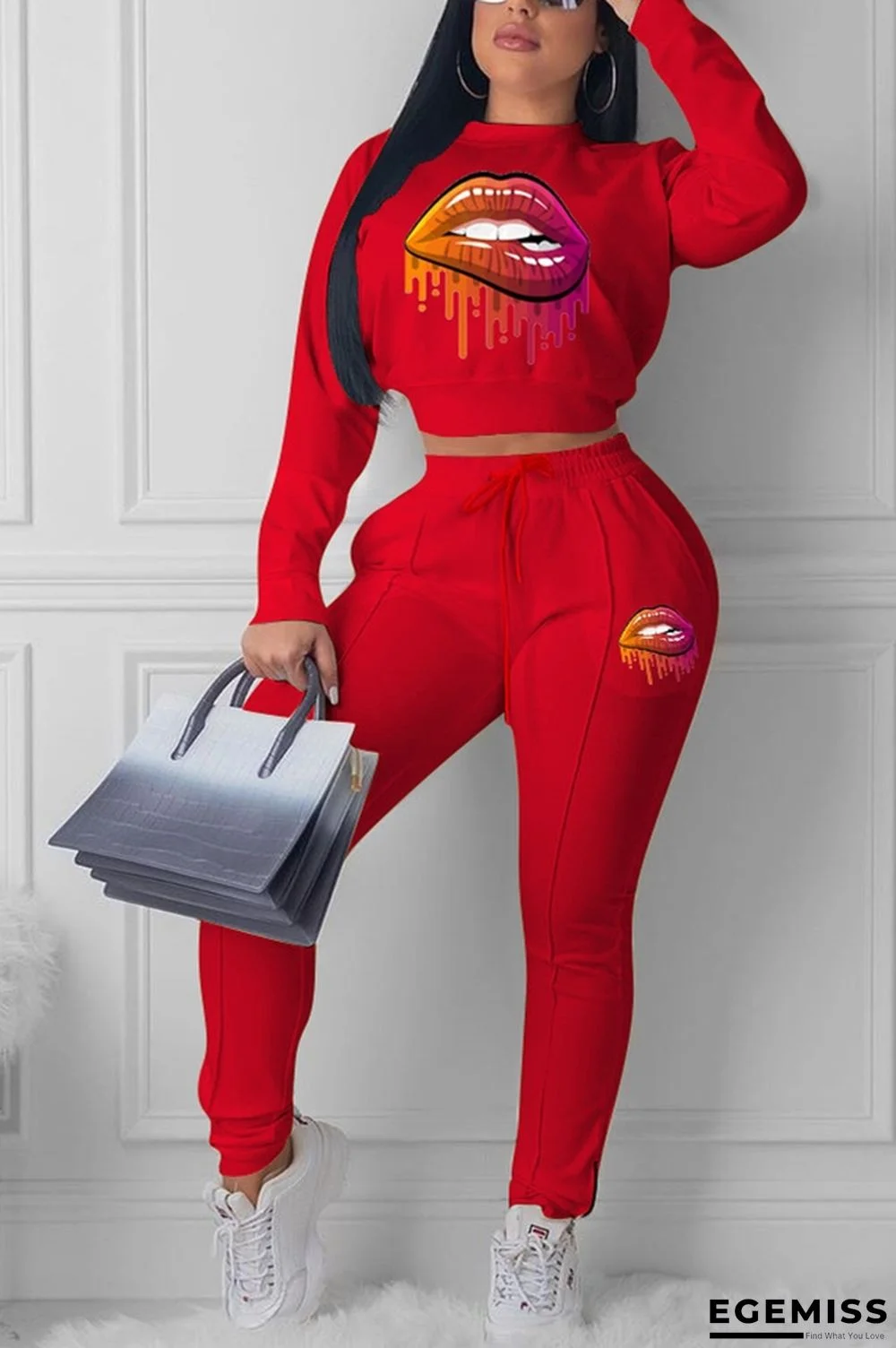 Red OL Two Piece Suits Print pencil Long Sleeve Two-piece Pants Set | EGEMISS