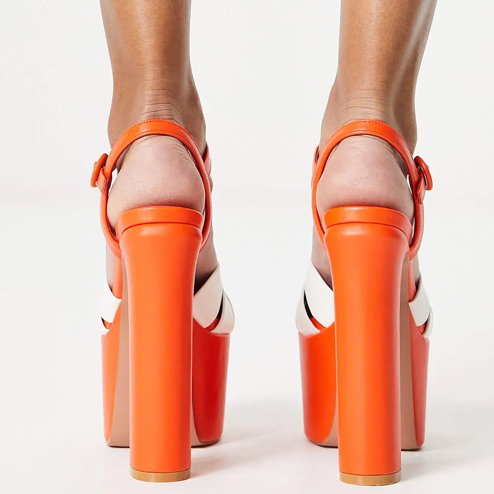 Fashion Orange Peep Toe White Floral Strappy Platform Heel Sandals