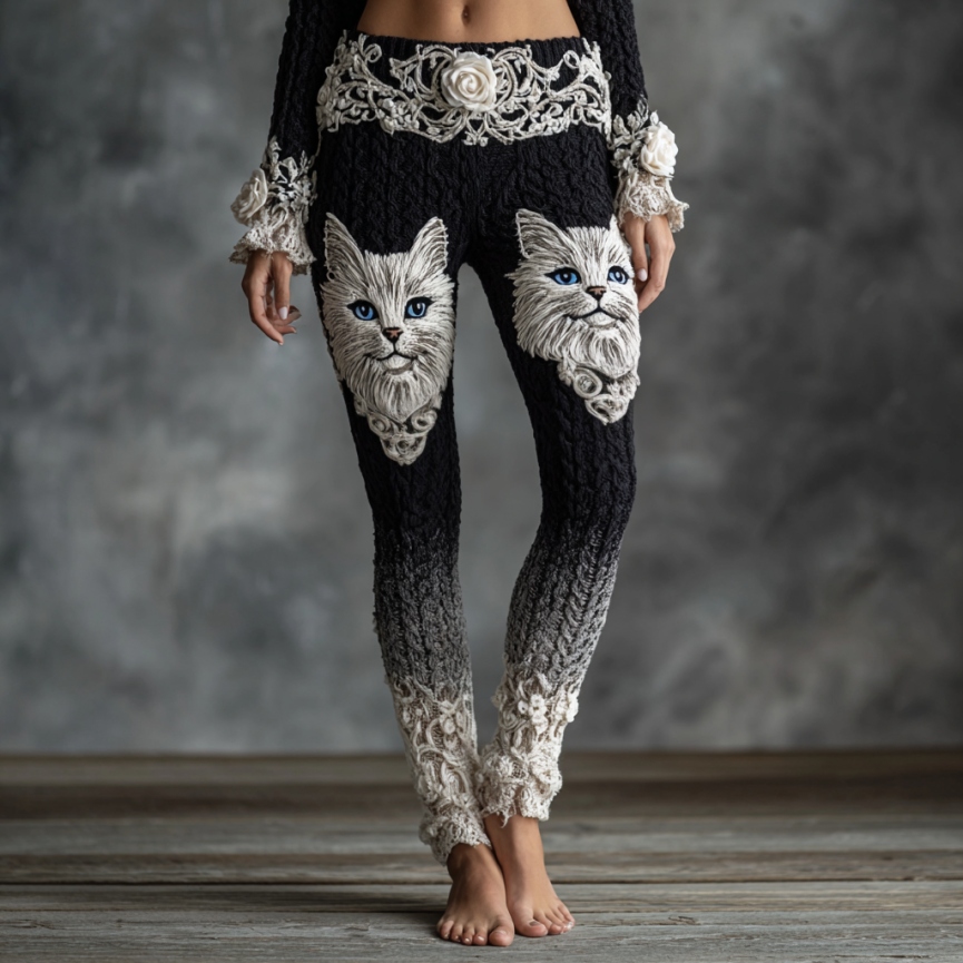 Women's Cute Cat Face Lace Embroidered Gradient Cozy Leggings