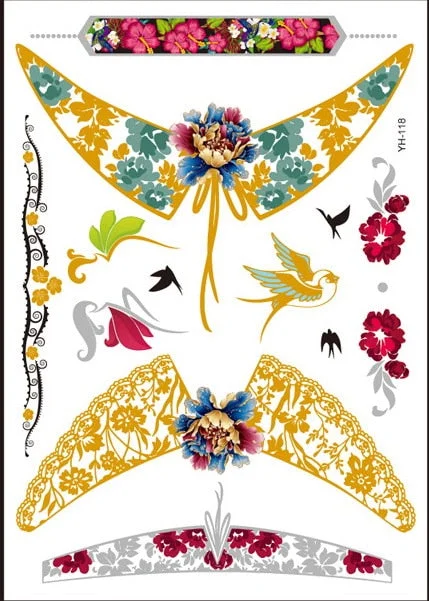 Flash Metallic Waterproof Tattoo Temporary Color Gold Silver Women Fashion Peacock Feather bird Design Sticker on the body YH119