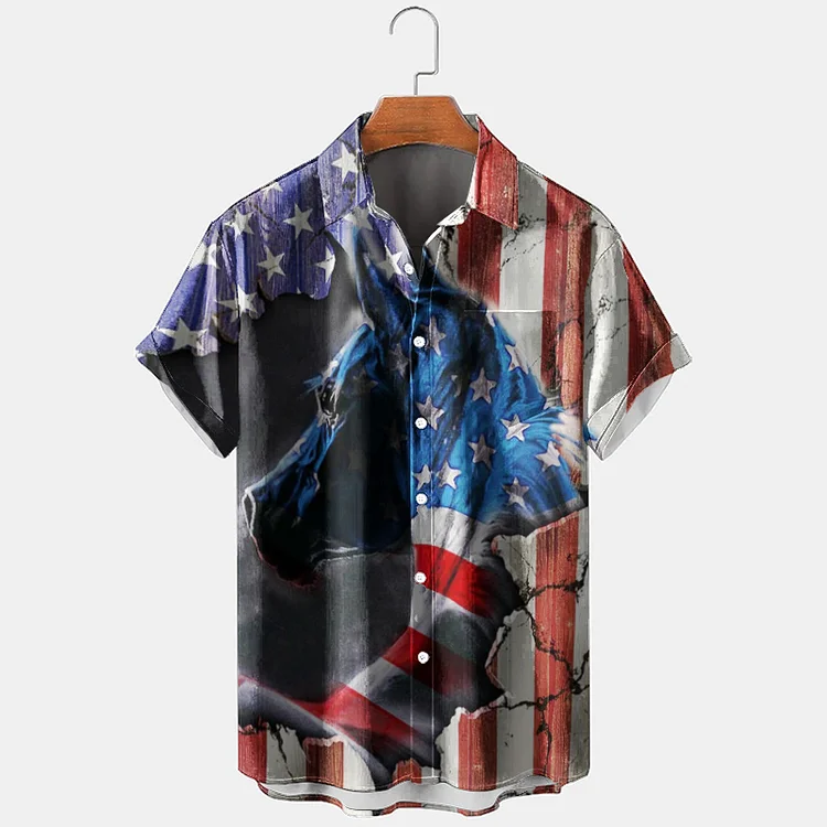 BrosWear Men'S Horse American Flag Print Short Sleeve Plus Size Shirt
