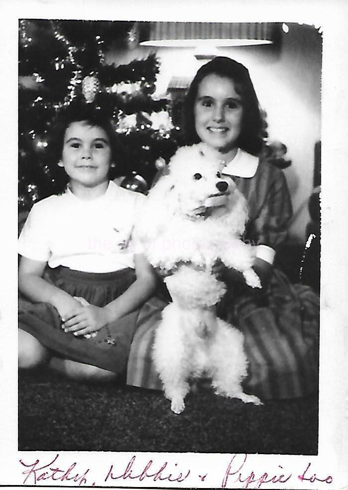 CHRISTMAS GIRLS Found Photo Poster painting DOG bwOriginal Portrait VINTAGE 06 21