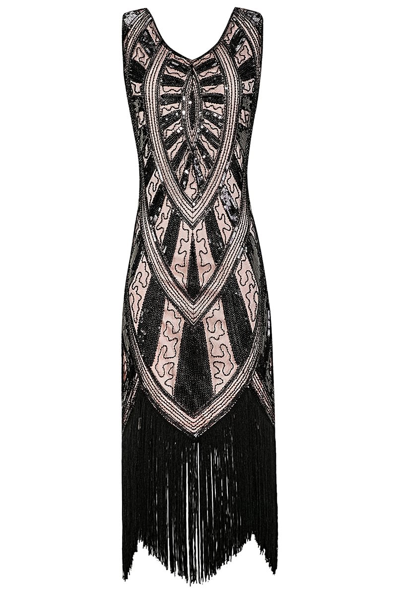 1920s Black Cocktail Party Double Layer Sequin Patchwork V Neck Midi Dress [Pre-Order]