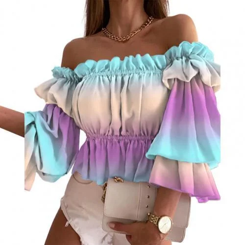 Sexy Off Shoulder Colorful Pleated Ladies Flare Sleeve Blouse