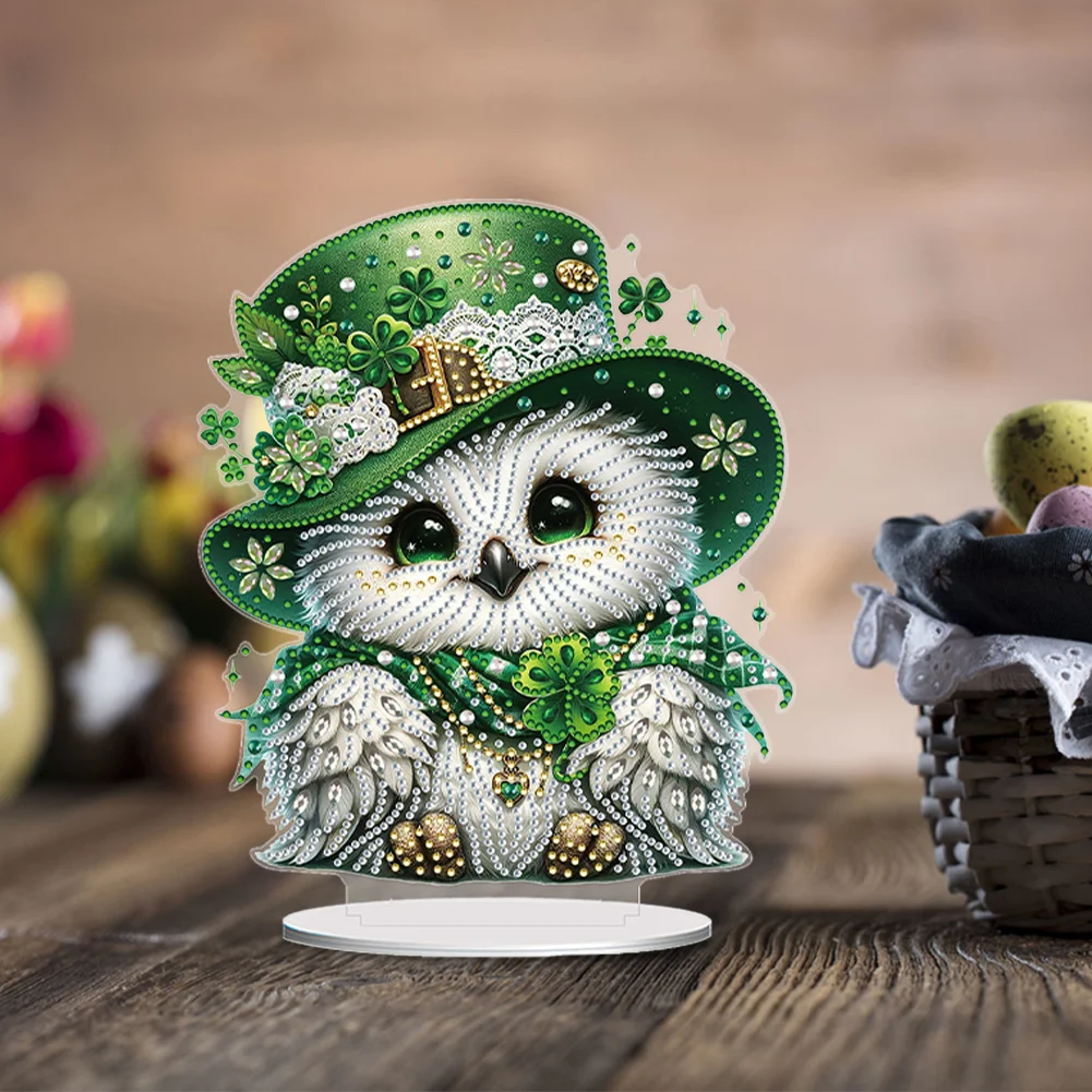 DIY Acrylic St. Patricks Day Owl Special Shape Diamond Painting Tabletop Ornament Creative Home Decor & Gift Idea for Adults - Relaxing Craft Activity