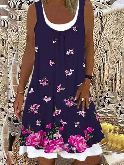 Casual Crew Neck Sleeveless Printed Floral Knitting Dress D189- Fabulory