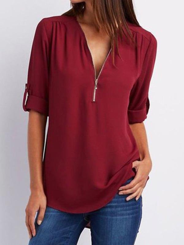 Women's V-neck zipper oversized chiffon shirt-Mayoulove