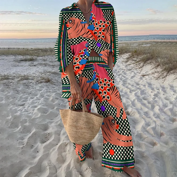 Women's Geometry Tiger Printed Shirt & Pants Two-piece Set