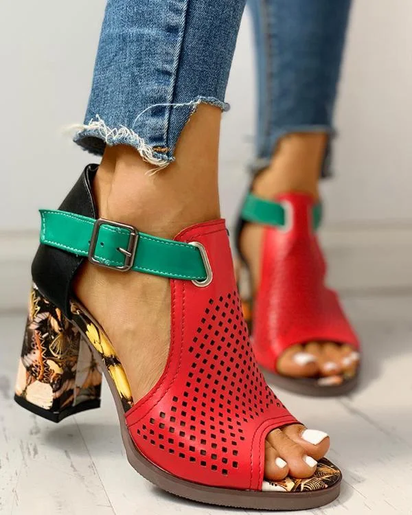 Colorblock Eyelet Hollow Out Chunky Heeled Sandals