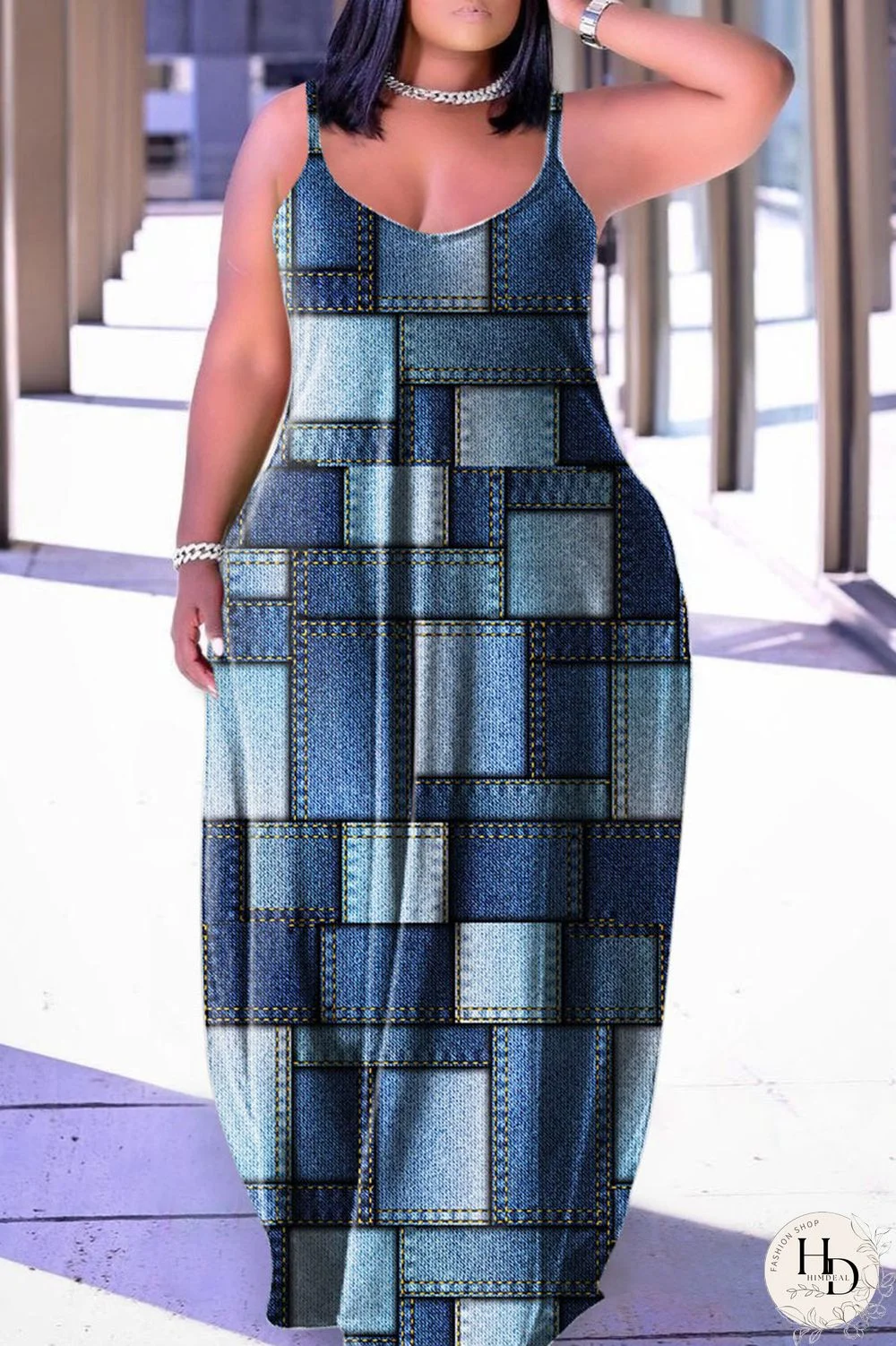 The cowboy blue Casual Street Print Patchwork Spaghetti Strap Lantern Skirt Plus Size Dresses