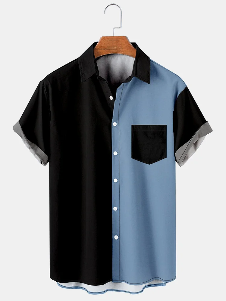 Mens Color-block Print Casual Breathable Chest Pocket Short Sleeve Hawaiian Shirts