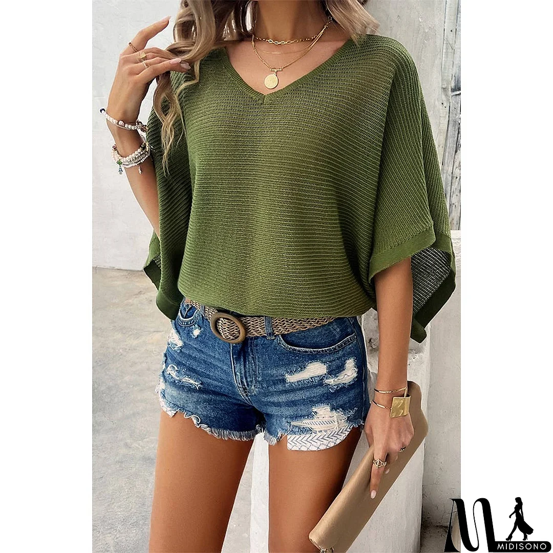 MidiSono - Solid V Neck Knit Loose Fit Bat Sleeves Top