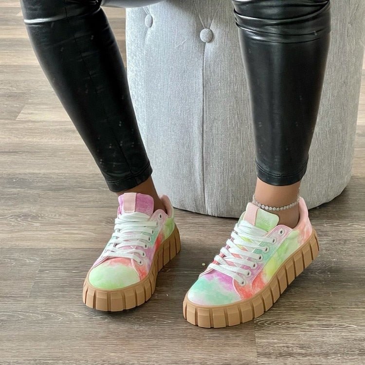 Women's Casual Sneakers Tie Dye Colorblock Lace Up Platform Heels