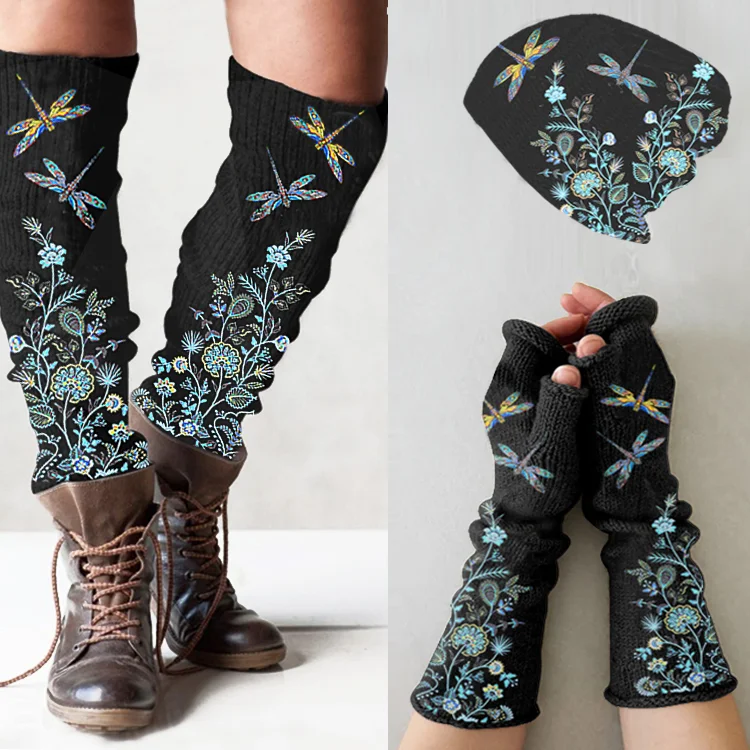 （Ship within 24 hours）Vintage dragonfly print knitted hat +leg warmers + fingerless gloves set