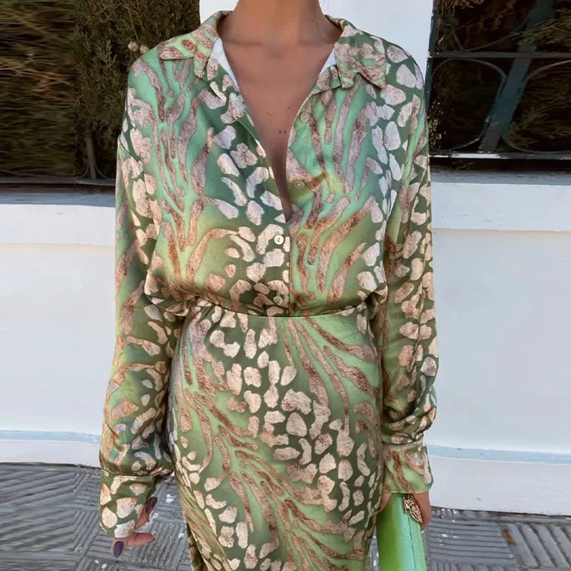 Uveng Uveng 2024 New Women's Print Elegant Lapel Long Sleeve Shirt High Waist Skirt Fashion Suit Women